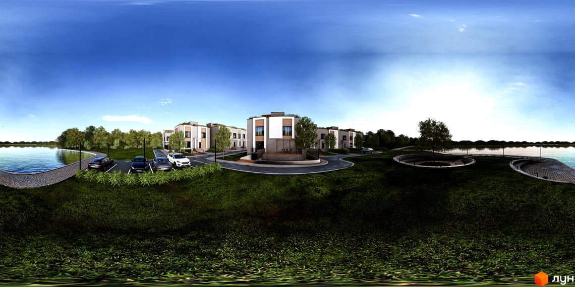 Котеджне містечко КМ The Lake з сучасними будинками та доглянутою прибудинковою територією біля озера. На території комплексу розташовані паркувальні місця та зони відпочинку.