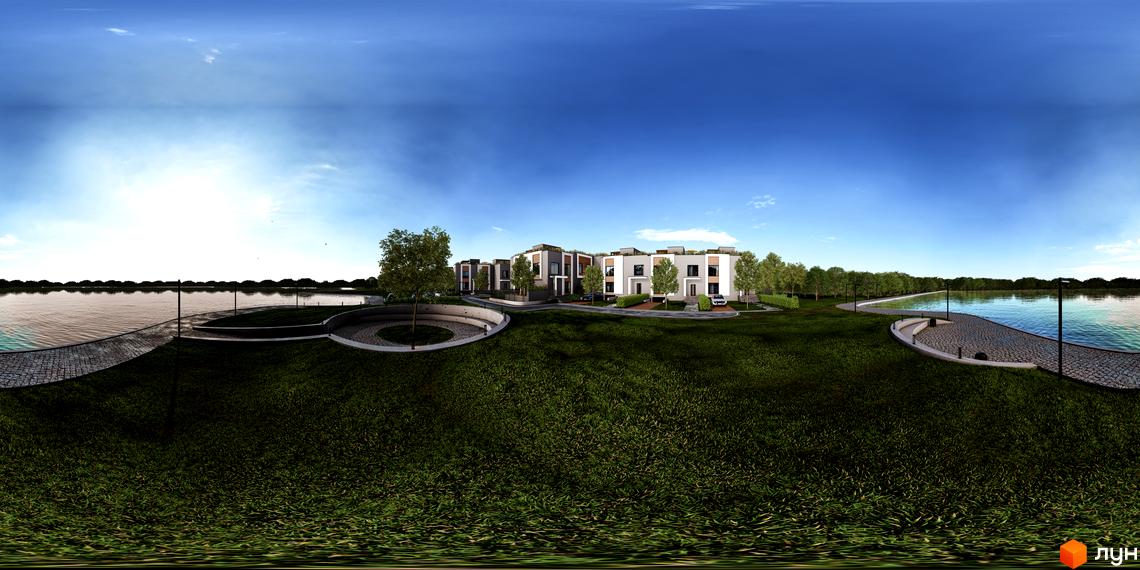 Котеджне містечко КМ The Lake з сучасними фасадами та панорамними вікнами, розташоване біля озера з доглянутою набережною та зеленим парком.