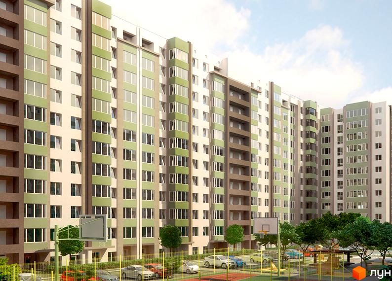 Житловий комплекс Софіївський квартал з фасадом в бежево-зелених тонах. На прибудинковій території розташовані дитячі майданчики та місця для паркування автомобілів.