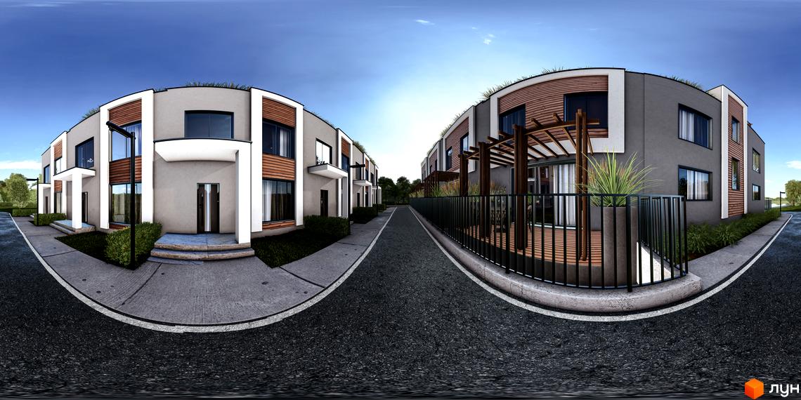 Котеджне містечко КМ The Lake: фасади будинків з дерев'яними елементами та панорамними вікнами, доглянута прибудинкова територія з доріжками та зеленню.