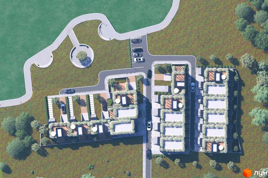 Аерофотозйомка котеджного містечка КМ The Lake з сучасними будинками та доглянутою прибудинковою територією з доріжками та зеленими насадженнями.