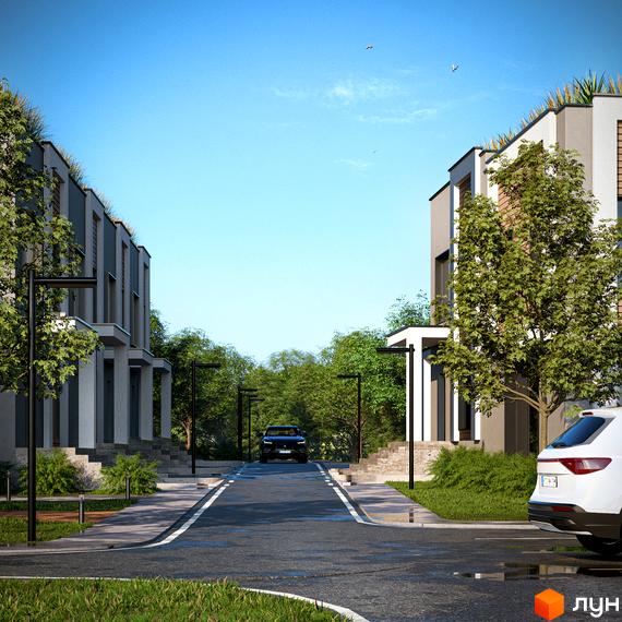 Котеджне містечко КМ The Lake: фасади будинків з зеленими дахами та прибудинкова територія з дорогою та деревами.