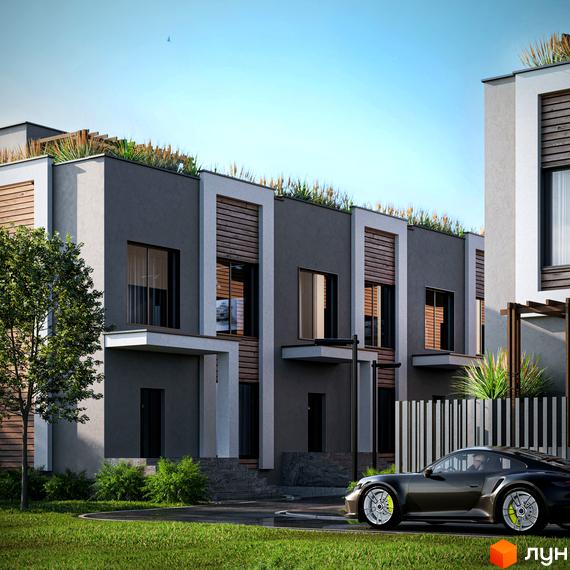 Зовнішній вигляд будинку КМ The Lake з сірим фасадом, дерев'яними елементами та зеленою покрівлею. Прибудинкова територія з газоном та автомобілем.