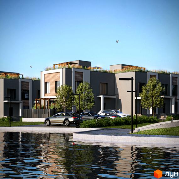 Котеджне містечко КМ The Lake з сірими фасадами та зеленими дахами, розташоване біля водойми з відображенням будинків.