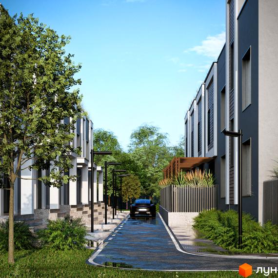 Котеджне містечко КМ The Lake: фасади будинків з сірими та білими елементами, прибудинкова територія з деревами та дорогою.