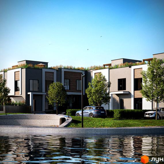 Котеджне містечко КМ The Lake: сучасні будинки з зеленими дахами та доглянутою прибудинковою територією біля води. На території розташовані автомобілі та зелені насадження.