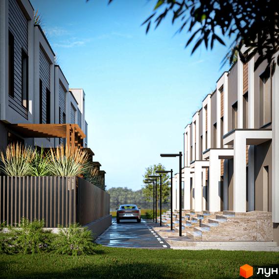 Котеджне містечко КМ The Lake: фасади будинків з дерев'яними елементами та панорамними вікнами. Прибудинкова територія з доглянутим газоном та дорогою.