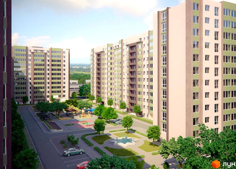 Житловий комплекс Софіївський квартал на вулиці Академіка Шалімова. Сучасні багатоповерхові будинки з зеленими фасадами та упорядкована прибудинкова територія з дитячим майданчиком та фонтаном.