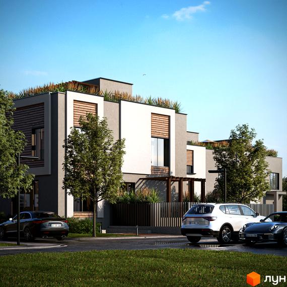 Котеджне містечко КМ The Lake. Зовнішній вигляд будинків з зеленими дахами та прибудинкова територія з автомобілями.