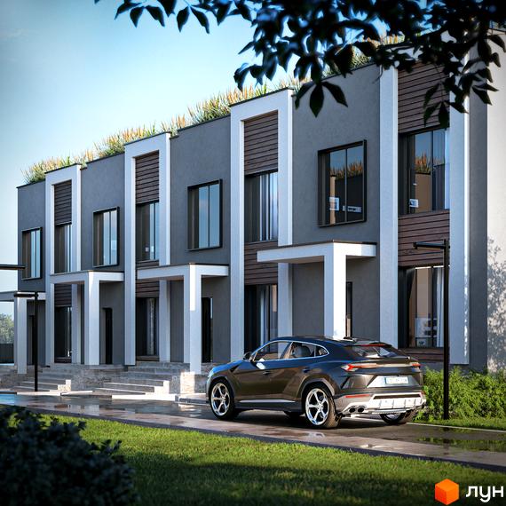 Котеджне містечко КМ The Lake. Сучасна архітектура будинку з великими вікнами та зеленою покрівлею, поруч розташований автомобіль та доглянута прибудинкова територія.