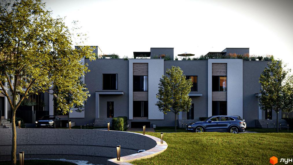 Котеджне містечко КМ The Lake. Зовнішній вигляд будинків з сірим фасадом, великими вікнами та зеленою прибудинковою територією з деревами та автомобілями.