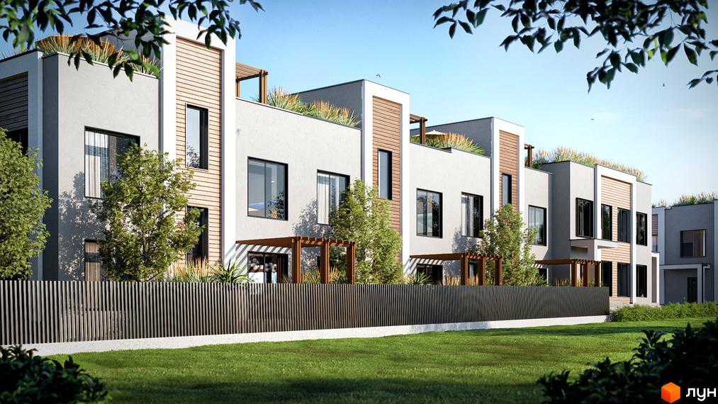 Котеджне містечко КМ The Lake – це сучасні та просторі таунхауси з панорамними вікнами та зеленими терасами, оточені доглянутим газоном та огорожею.