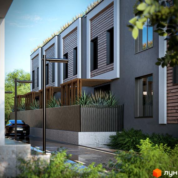 Котеджне містечко КМ The Lake. Будинки з зеленими дахами, дерев'яними фасадами та великими вікнами. Прибудинкова територія з парканом та освітленням.