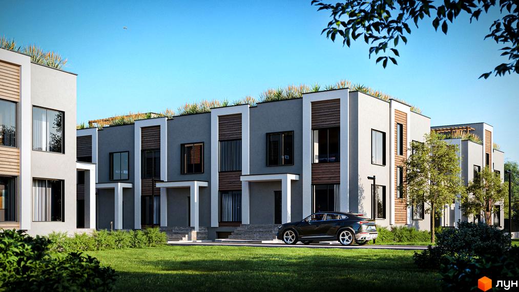 Котеджне містечко КМ The Lake: фасади будинків з дерев'яними елементами та зелені дахи. Прибудинкова територія з газоном та деревами.