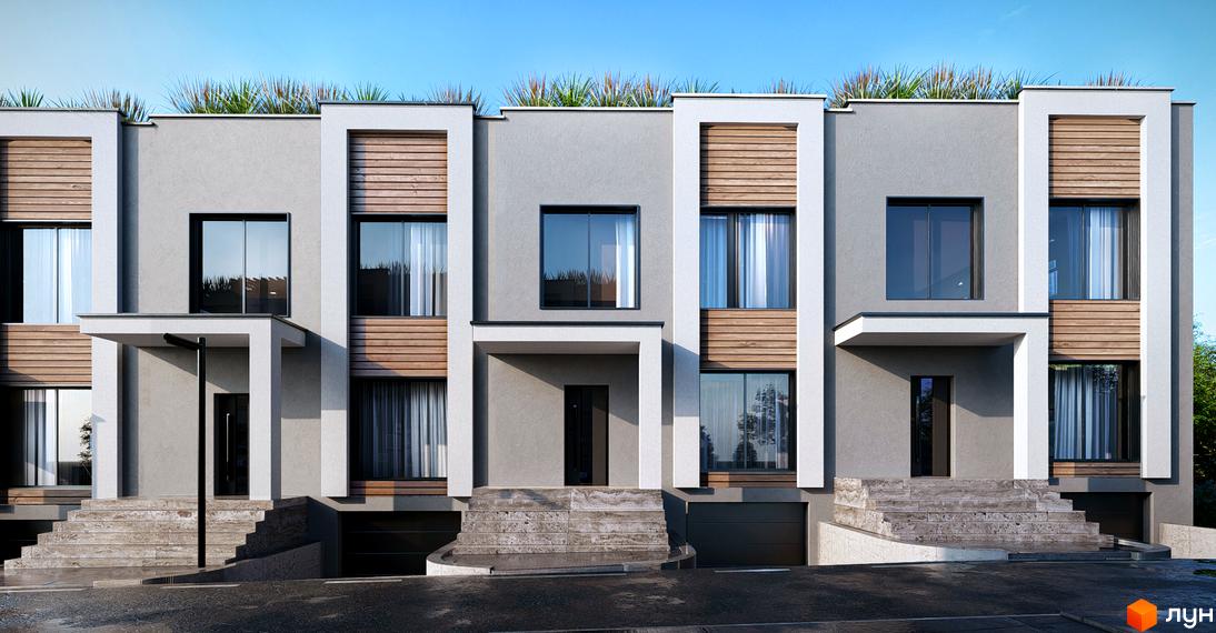 Котеджний комплекс КМ The Lake з сірими фасадами, дерев'яними елементами та зеленою покрівлею. Навколо будинку розташовані сходи та під'їзди до гаражів.