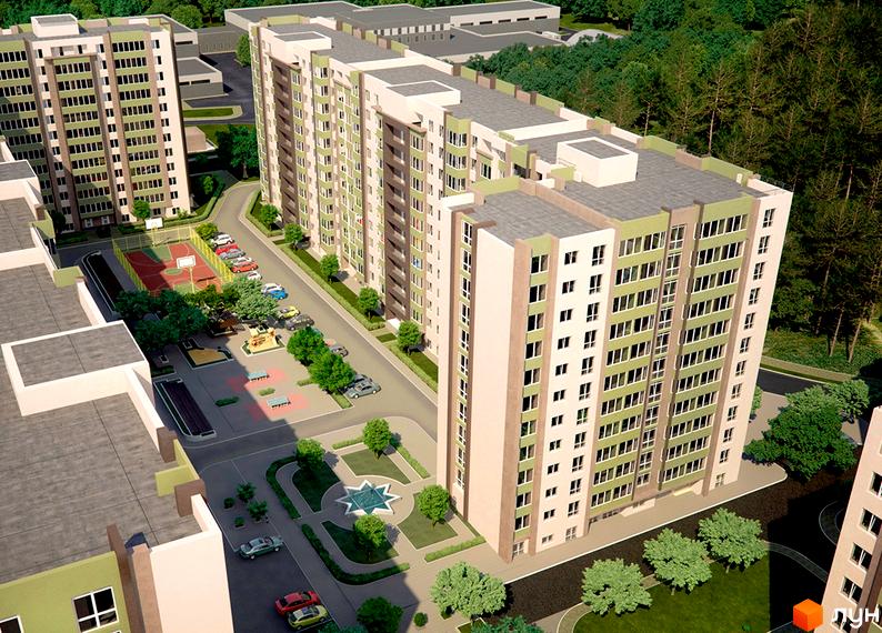 Зовнішній вигляд багатоквартирних будинків ЖК Софіївський квартал. На прибудинковій території розташовані спортивні майданчики, дитячі зони та паркувальні місця.