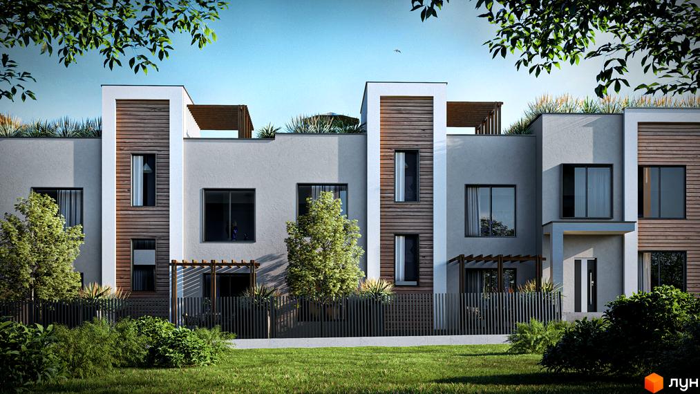 Зовнішній вигляд будинку котеджного комплексу КМ The Lake з дерев'яними елементами та великими вікнами, прибудинкова територія з газоном та огорожею.