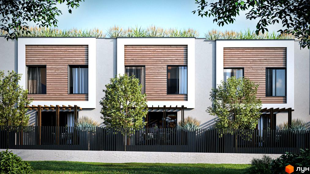 Котеджне містечко КМ The Lake: фасади будинків з дерев'яними елементами та зеленою покрівлею. Прибудинкова територія з парканом та деревами.