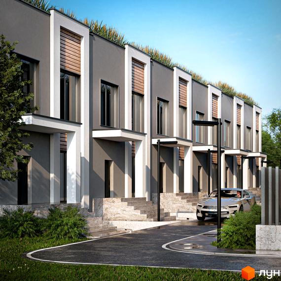 Котеджне містечко КМ The Lake. Сучасна архітектура котеджів з зеленими дахами та доглянутою прибудинковою територією з дорогою та автомобілем.