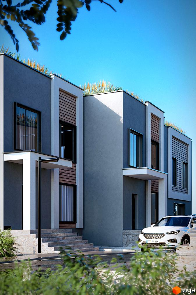 Котеджне містечко КМ The Lake. Зовнішній вигляд будинків з сірою штукатуркою, дерев'яними елементами та зеленою покрівлею. Прибудинкова територія з автомобілем та рослинністю.