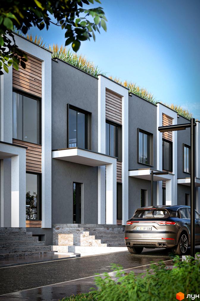 Котеджне містечко КМ The Lake: фасади будинків з дерев'яними елементами та зелені дахи. Прибудинкова територія з дорогою та автомобілем.