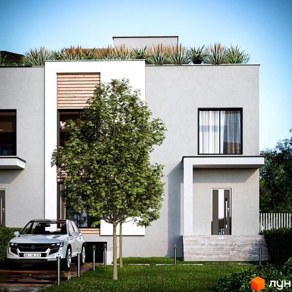 Котеджне містечко КМ The Lake: фасад будинку з великим деревом та автомобілем на подвір'ї. Зелена прибудинкова територія з огорожею.