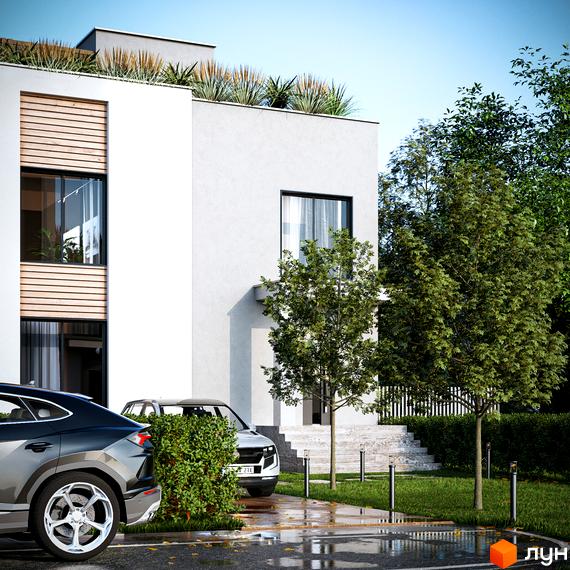 Котеджне містечко КМ The Lake: сучасна двоповерхова новобудова з терасою на даху та доглянутою прибудинковою територією з деревами та паркуванням.