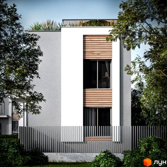 Зовнішній вигляд будинку житлового комплексу КМ The Lake з вікнами та дерев'яними елементами, огороджений парканом та оточений зеленню.