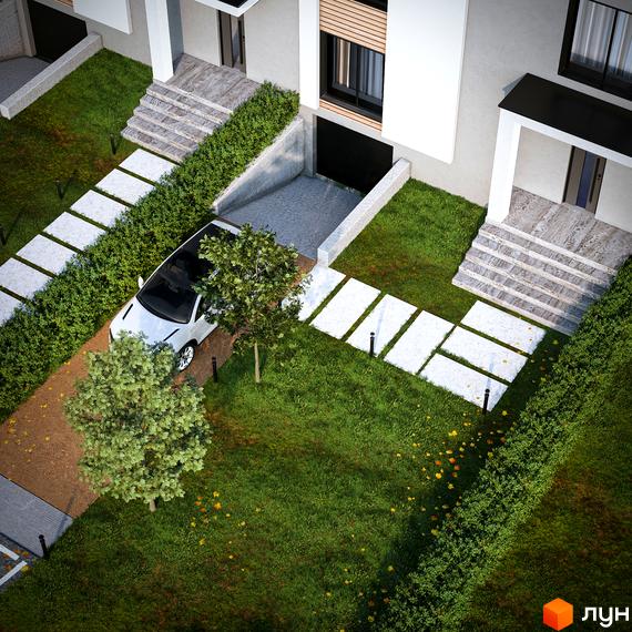 Котеджне містечко КМ The Lake: фасад будинку з гаражем та прибудинкова територія з доріжками та зеленими насадженнями.