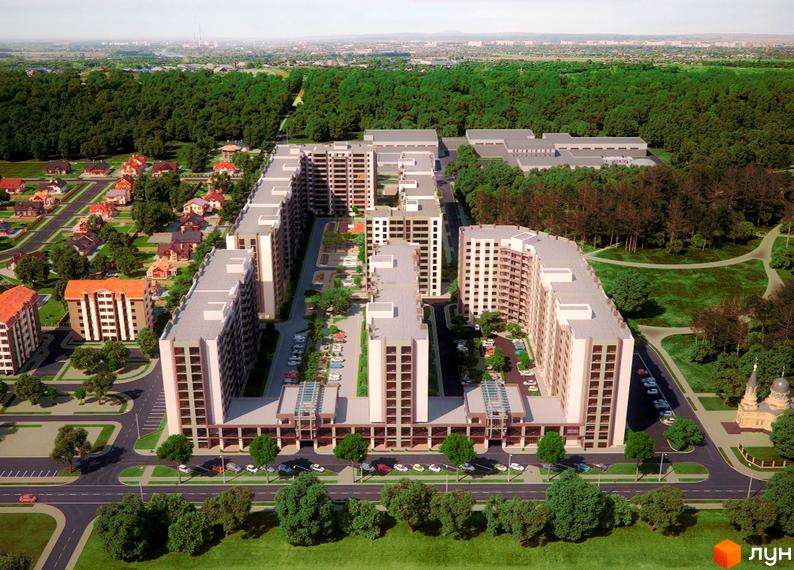 Зовнішній вигляд житлового комплексу Софіївський квартал на вулиці Ак. Шалімова. На зображенні видно багатоквартирні будинки та прибудинкову територію з зеленими насадженнями та дорогою.