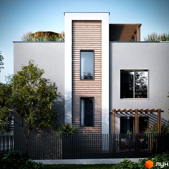 Котеджне містечко КМ The Lake: фасад будинку з дерев'яними елементами та великими вікнами, огороджена територія з деревами та зеленню.