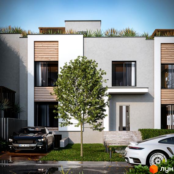 Котеджне містечко КМ The Lake: фасад будинку з панорамними вікнами та дерев'яними елементами, прибудинкова територія з деревом та авто.