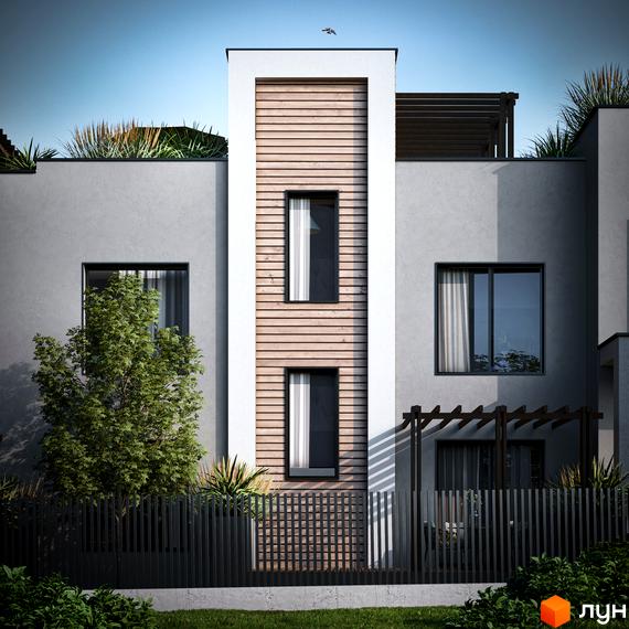 Котеджне містечко КМ The Lake. Фасад будинку з дерев'яними елементами та великими вікнами, огороджена територія з деревами та зеленню.