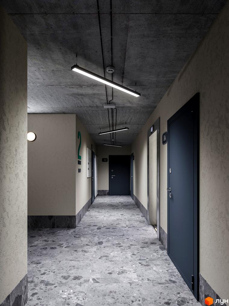 Коридор новобудови ЖК Євромісто 2 з дверима та підлогою з мармурової крихти. Сучасний дизайн та функціональне планування.