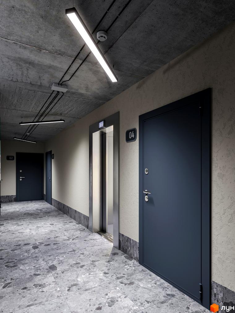 Фотографія коридору з дверима та ліфтом у житловому комплексі Євромісто 2. Сучасний дизайн інтер'єру з бетонною стелею та плитковою підлогою.