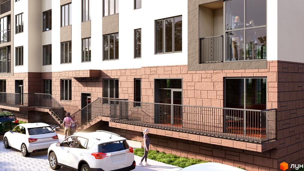Зовнішній вигляд новобудови ЖК Family Life з цегляним оздобленням нижнього поверху та прибудинковою територією з автомобілями та пішохідною зоною.