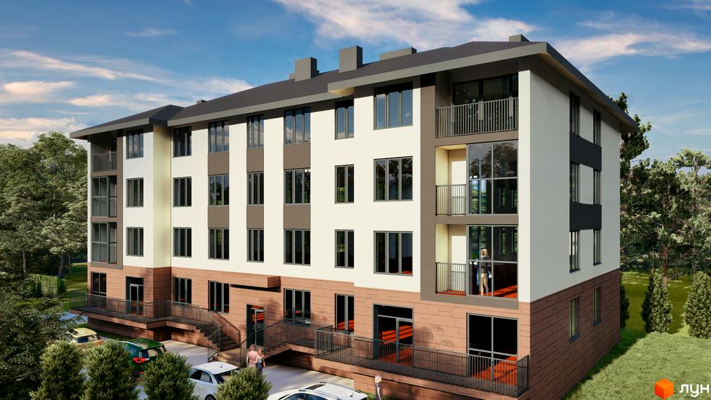 Зовнішній вигляд новобудови ЖК Family Life з балконами та великими вікнами, поруч розташовані дерева та припарковані автомобілі.