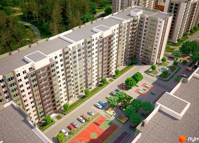 Житловий комплекс Софіївський квартал: багатоповерхові будинки з зеленими та сірими фасадами, балконами та великою кількістю вікон. На прибудинковій території розташовані дитячі майданчики, спортивні зони та паркувальні місця.