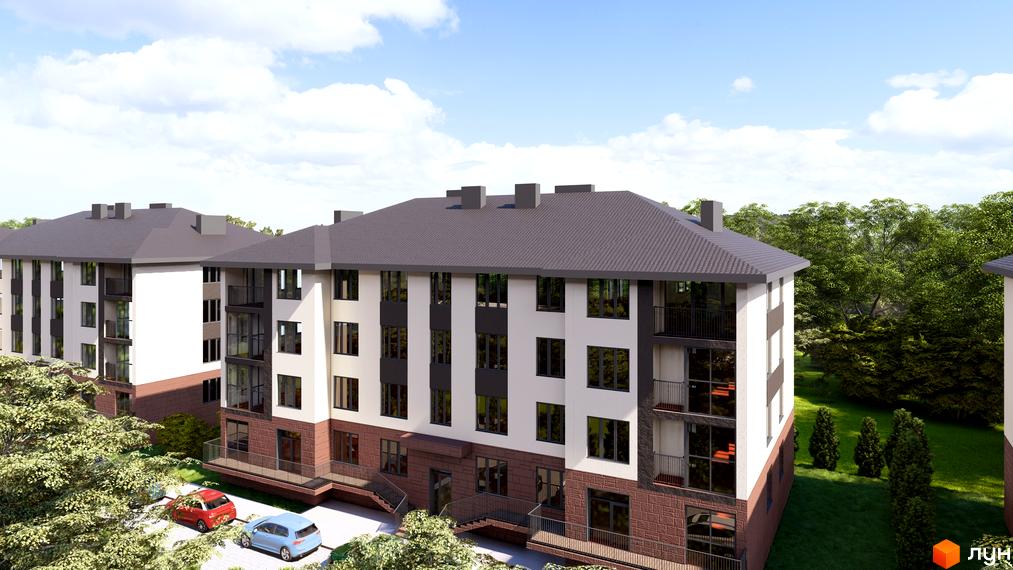 Зовнішній вигляд житлового комплексу Family Life з цегляним цоколем та білими фасадами, навколо зелені дерева та припарковані автомобілі.