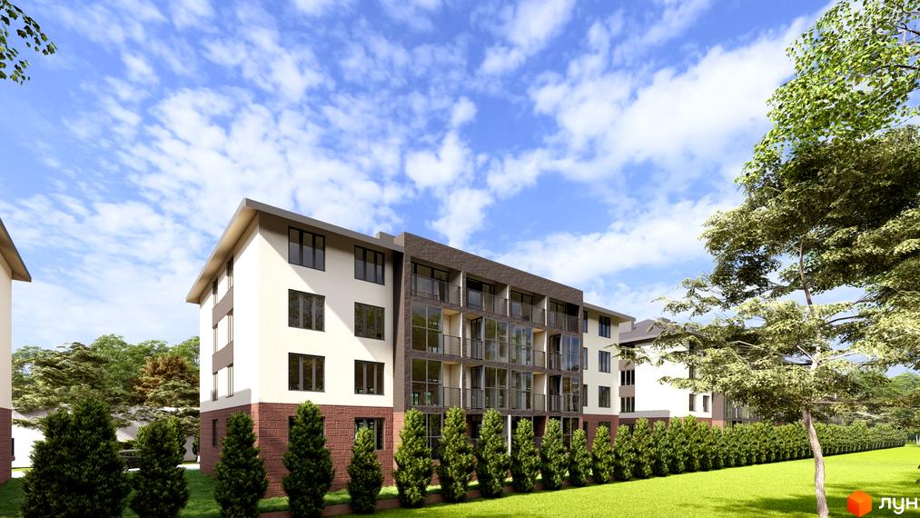 Зовнішній вигляд новобудови ЖК Family Life з цегляною обробкою першого поверху та балконами. Навколо будинку доглянута прибудинкова територія з газоном та деревами.