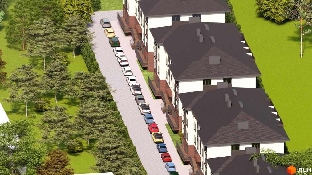 Зовнішній вигляд житлового комплексу Family Life з рядами будинків та паркуванням автомобілів. Навколо комплексу зелена територія з деревами та газоном.