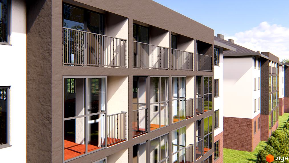 Зовнішній вигляд новобудови ЖК Family Life з балконами та вікнами, що виходять на зелену прибудинкову територію. Будівельний проєкт з фасадами в темних та світлих тонах.