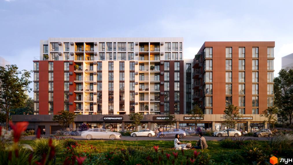 Житловий комплекс SVOÏ INSPIRO – це сучасна архітектура з фасадами різних кольорів та балконами. Навколо комплексу облаштована зелена зона з місцями для відпочинку.