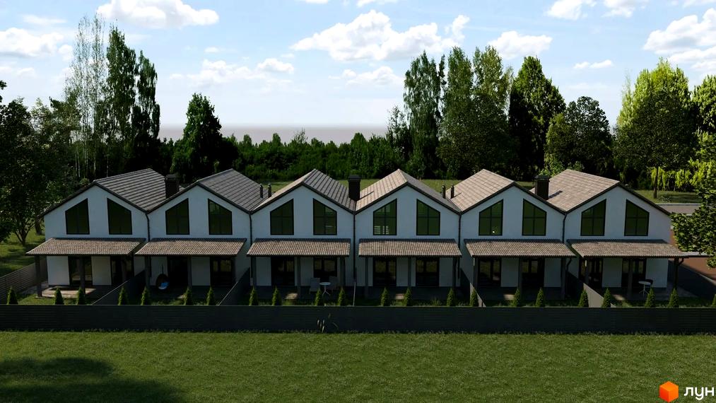 Таунхауси Small Town з білими фасадами та темними дахами, розташовані на доглянутій зеленій території з парканом та акуратними деревами.