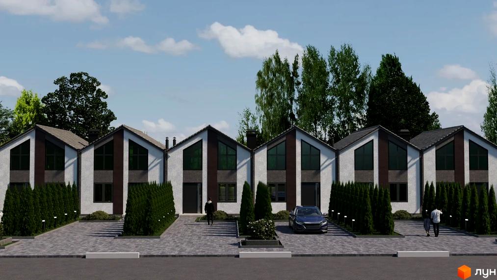 Таунхауси Small Town з білою штукатуркою та темними вікнами, розташовані на бруківці з акуратними зеленими туями та освітленням.