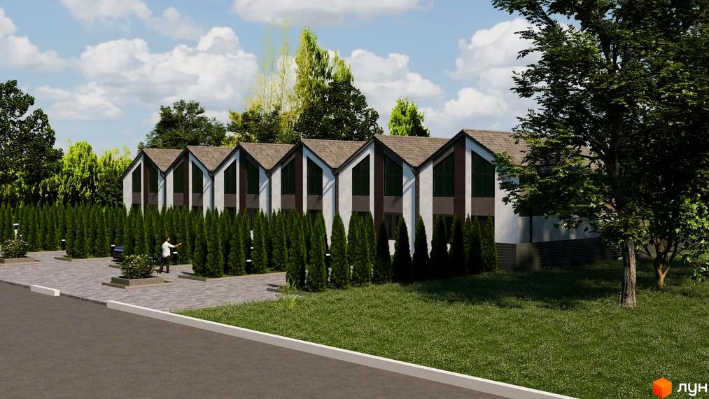 Таунхауси Small Town з двоповерховими фасадами та великими вікнами, оточені зеленими туями та деревами. Прибудинкова територія з бруківкою та газоном.