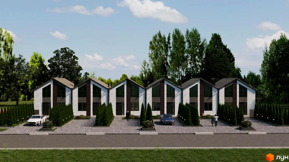 Таунхауси Small Town з біло-сірими фасадами та темними вікнами, розташовані на бруківці з доглянутими туями та автомобілями.