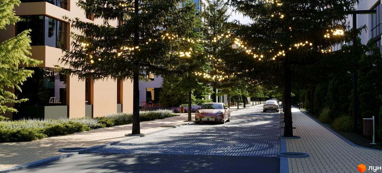 Житловий комплекс Хвоя: фасади будівель з великими вікнами та зелена прибудинкова територія з деревами та освітленням.