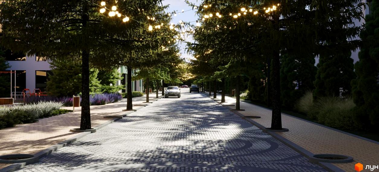 Житловий комплекс Хвоя: алея з деревами та гірляндами, бруківка та автомобілі. Прибудинкова територія з лавками та спортивним майданчиком.