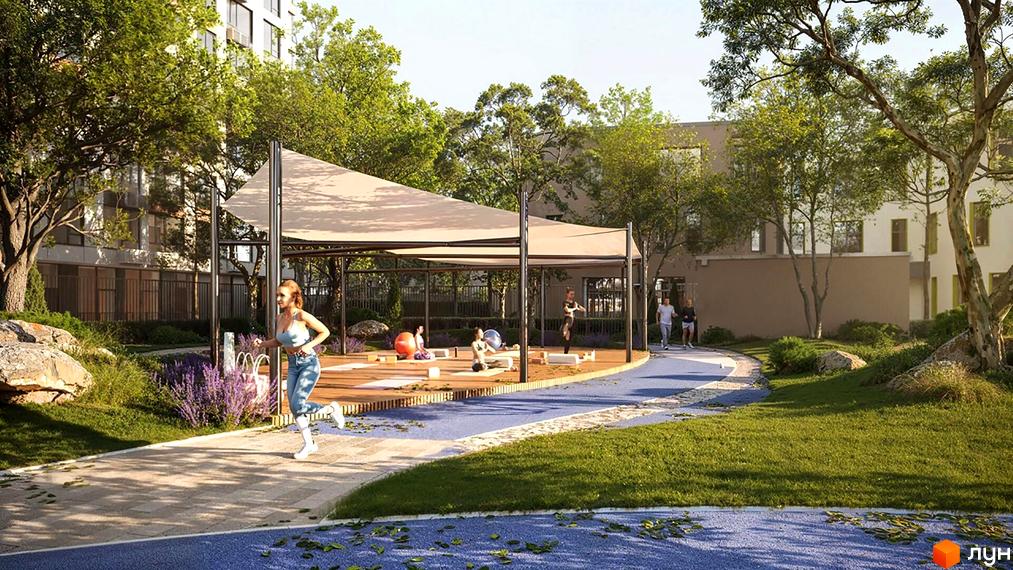 Житловий комплекс Sister: відкритий спортивний майданчик з біговою доріжкою та зоною для йоги. Навколо зелена територія з деревами та квітами.